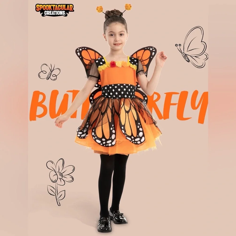NWT Spooktacular Creations Girls Butterfly Costume, Butterfly Outfit w/Wings, L
